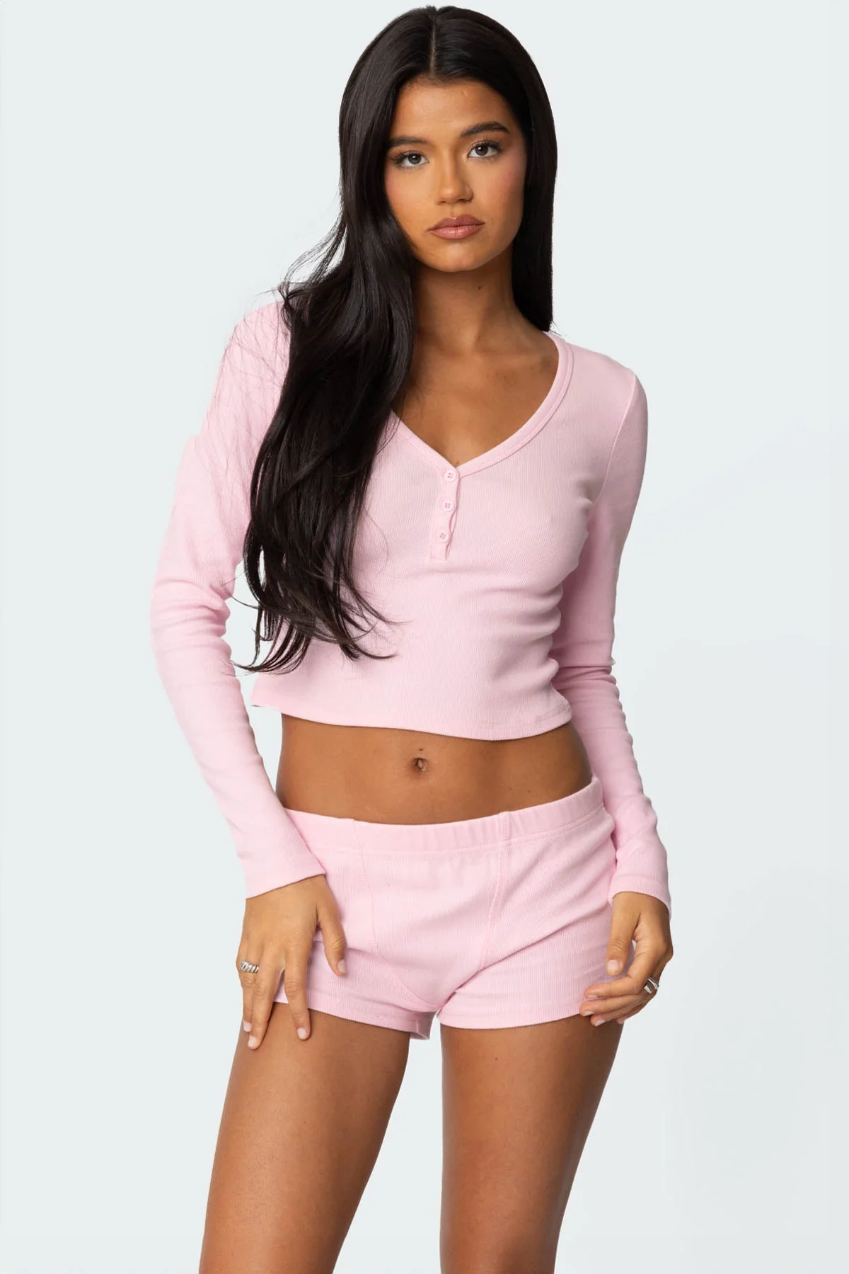 Ribbed Cotton Loungewear Top in Light Pink - Rebekah Collection