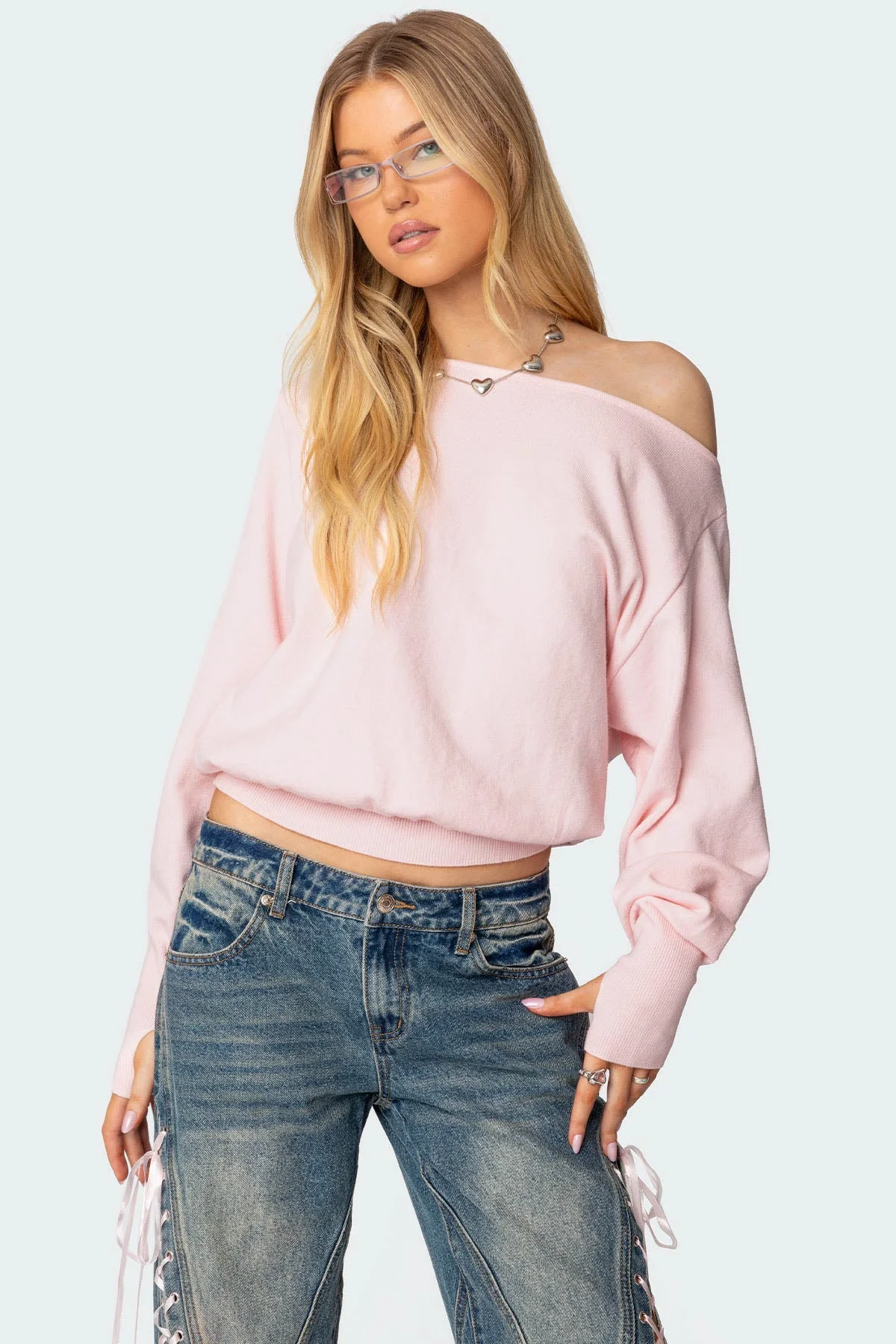 Light Pink Off Shoulder Sweater Womens Knitted Long Sleeve