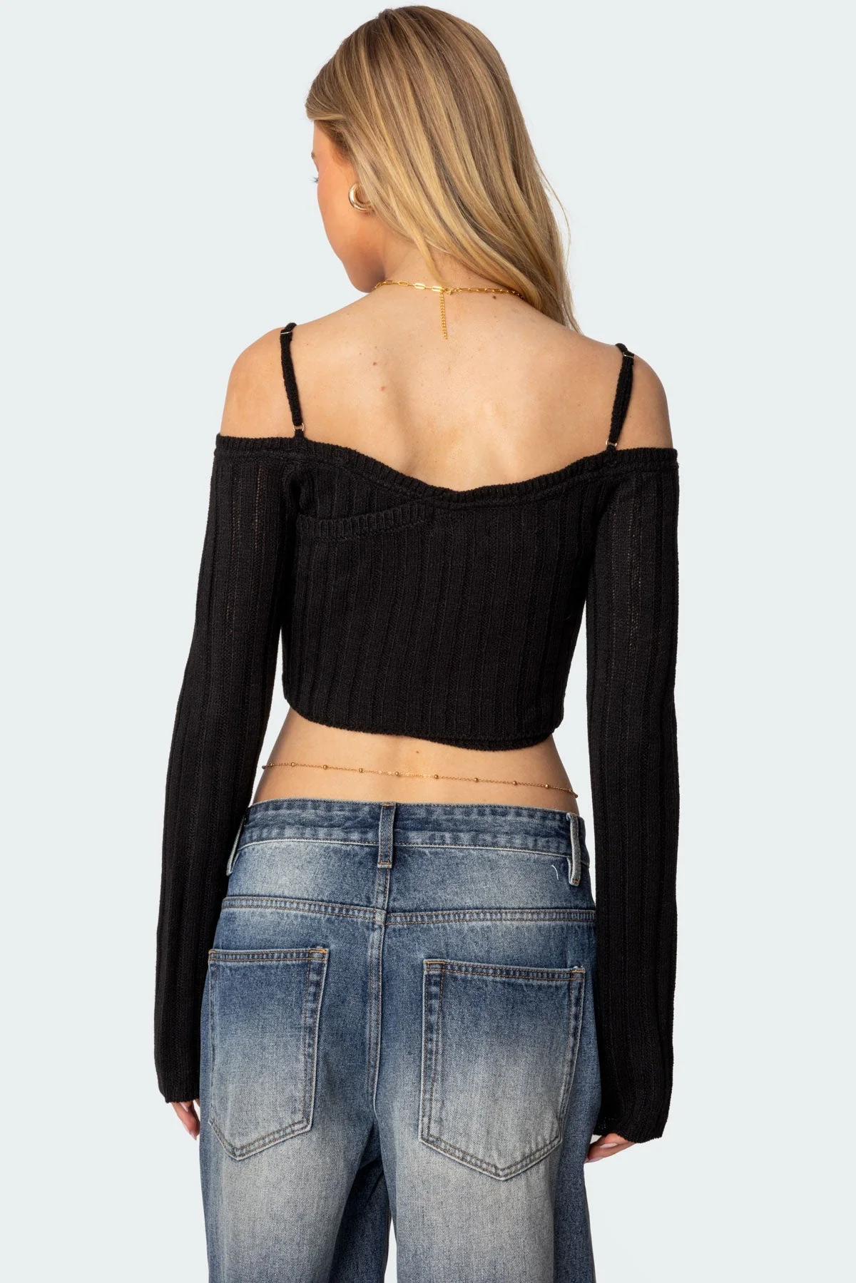 Black Ribbed Knit Off Shoulder Sweater