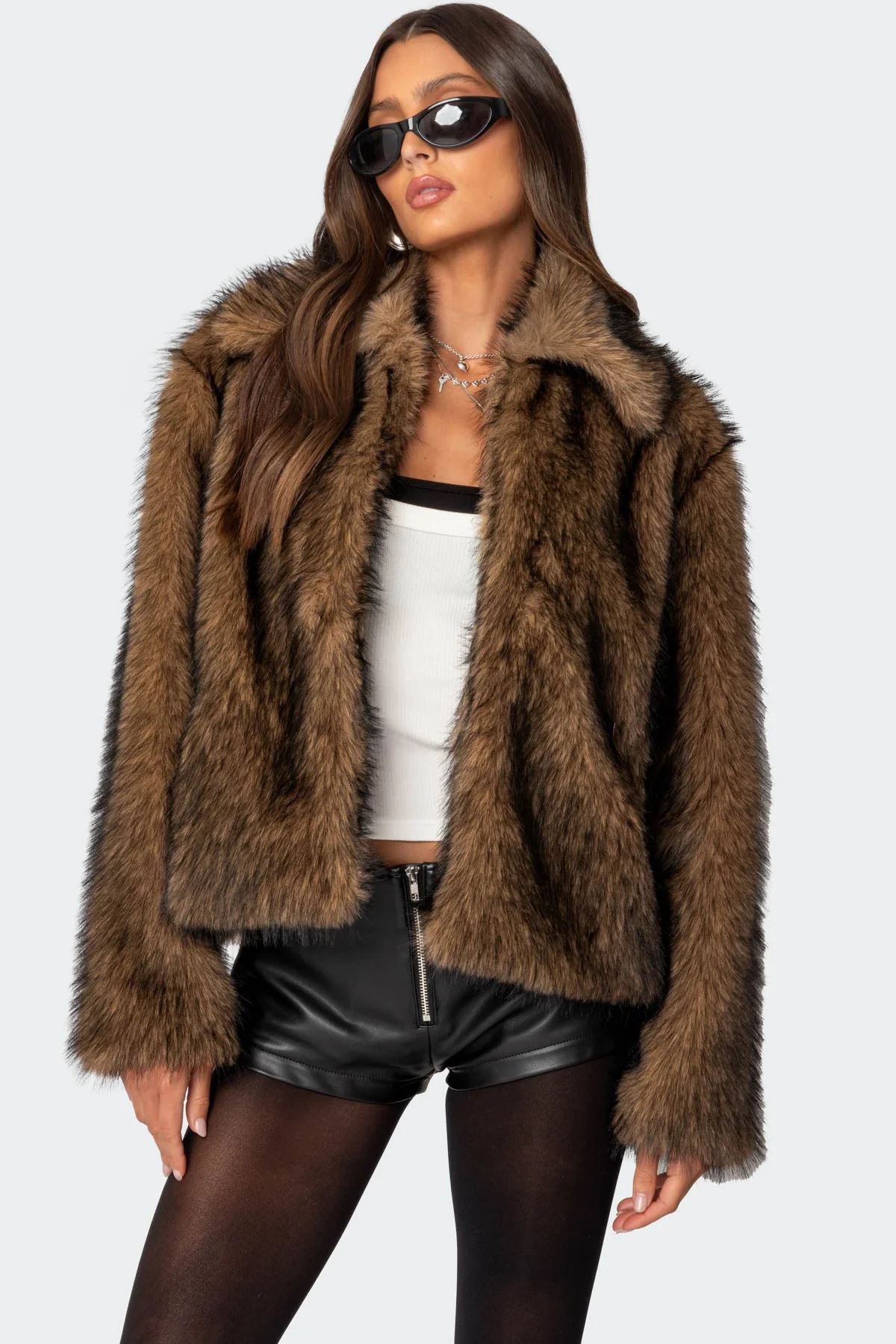 Brown Faux Fur Collared Jacket for Women