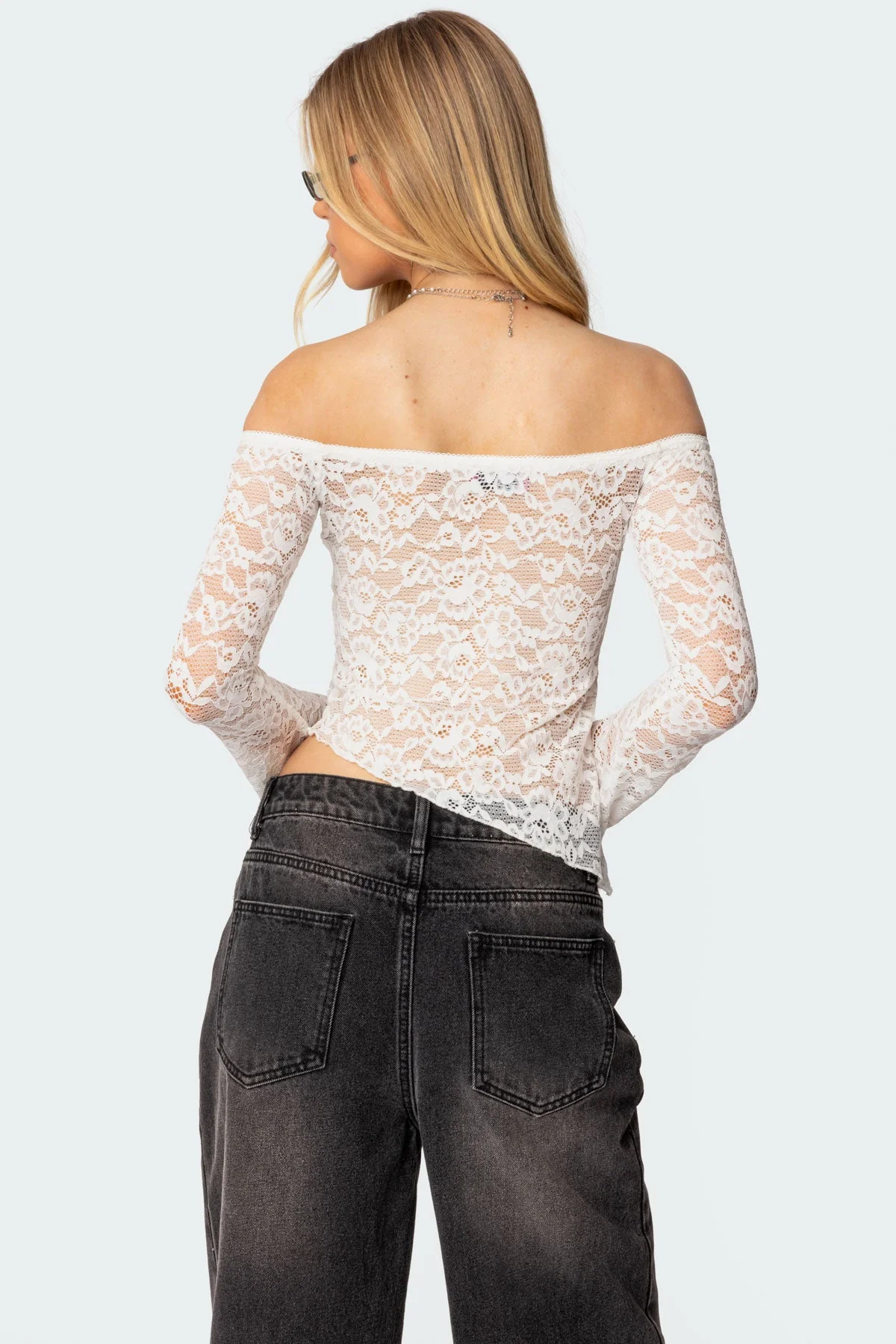 White Sheer Lace Asymmetric Off Shoulder Top