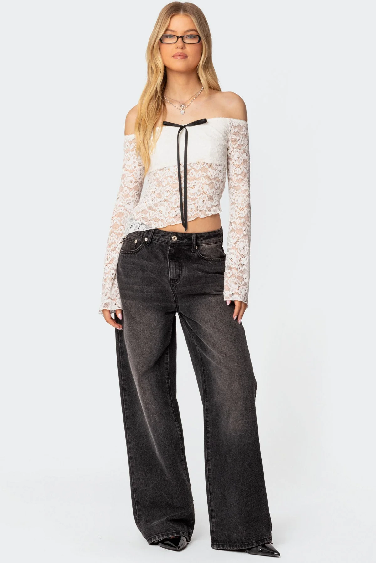 White Sheer Lace Asymmetric Off Shoulder Top