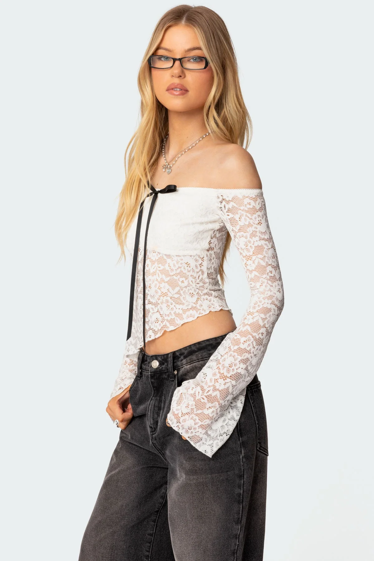 White Sheer Lace Asymmetric Off Shoulder Top