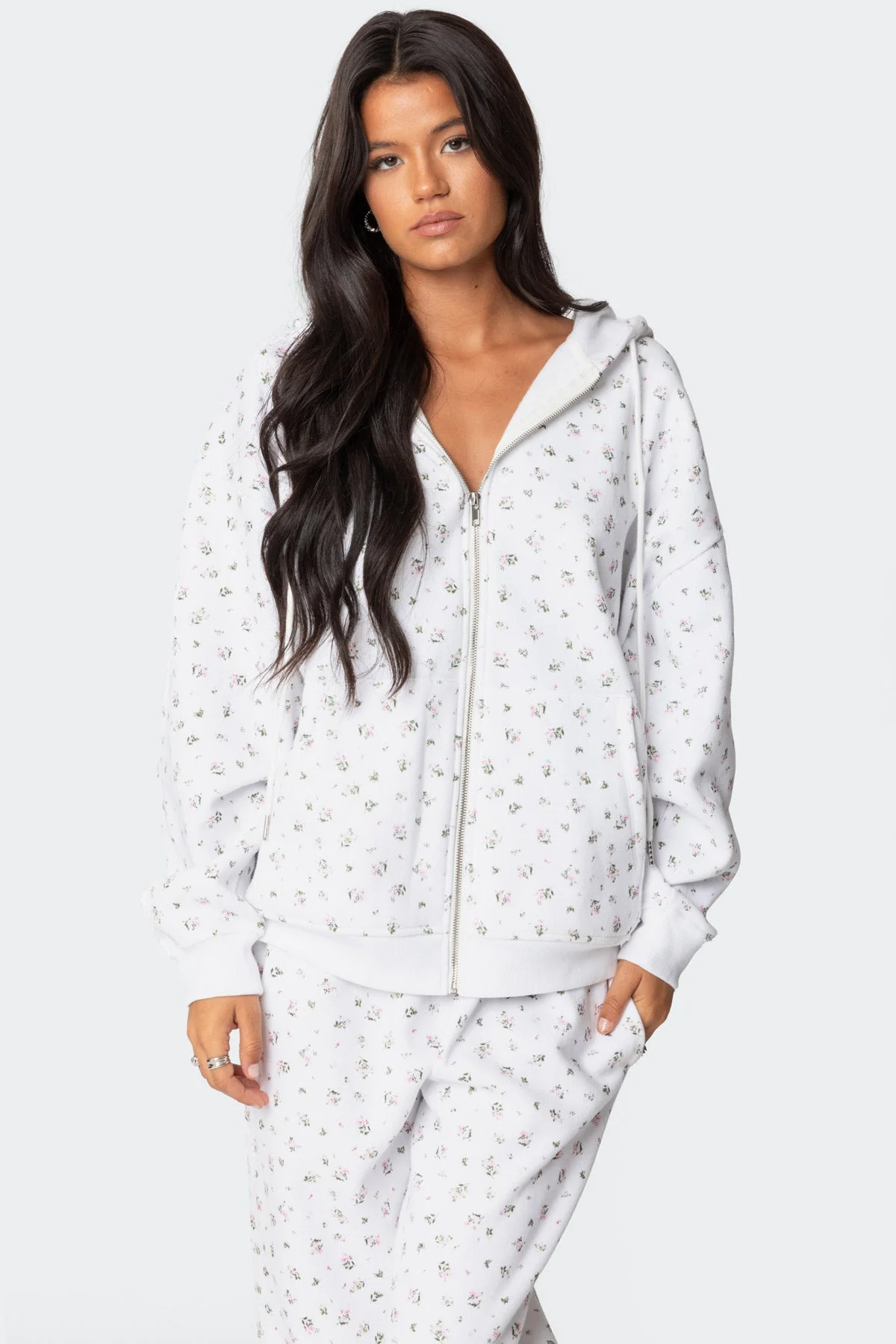 Floral Print Oversized Zip-Up Hoodie in Cream