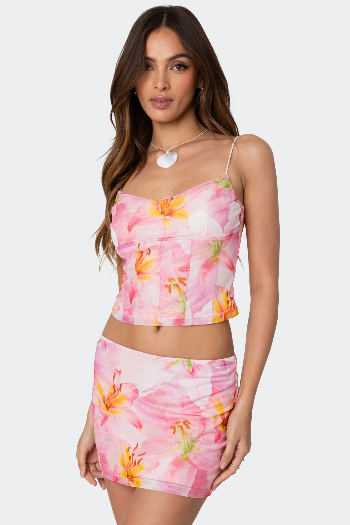 Pink Printed Cowl Neck Corset Set