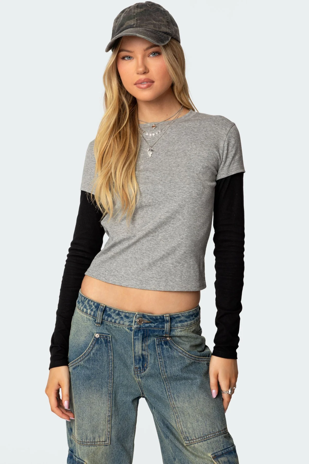 Layered Long Sleeve T-Shirt in Gray Melange - Womens Cotton Spandex Blend