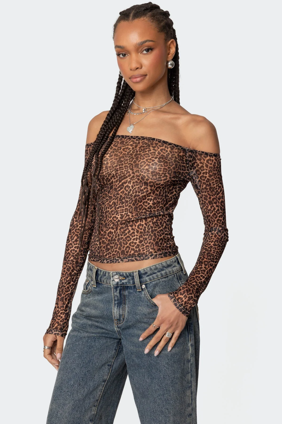 Leopard Print Sheer Mesh Off Shoulder Top