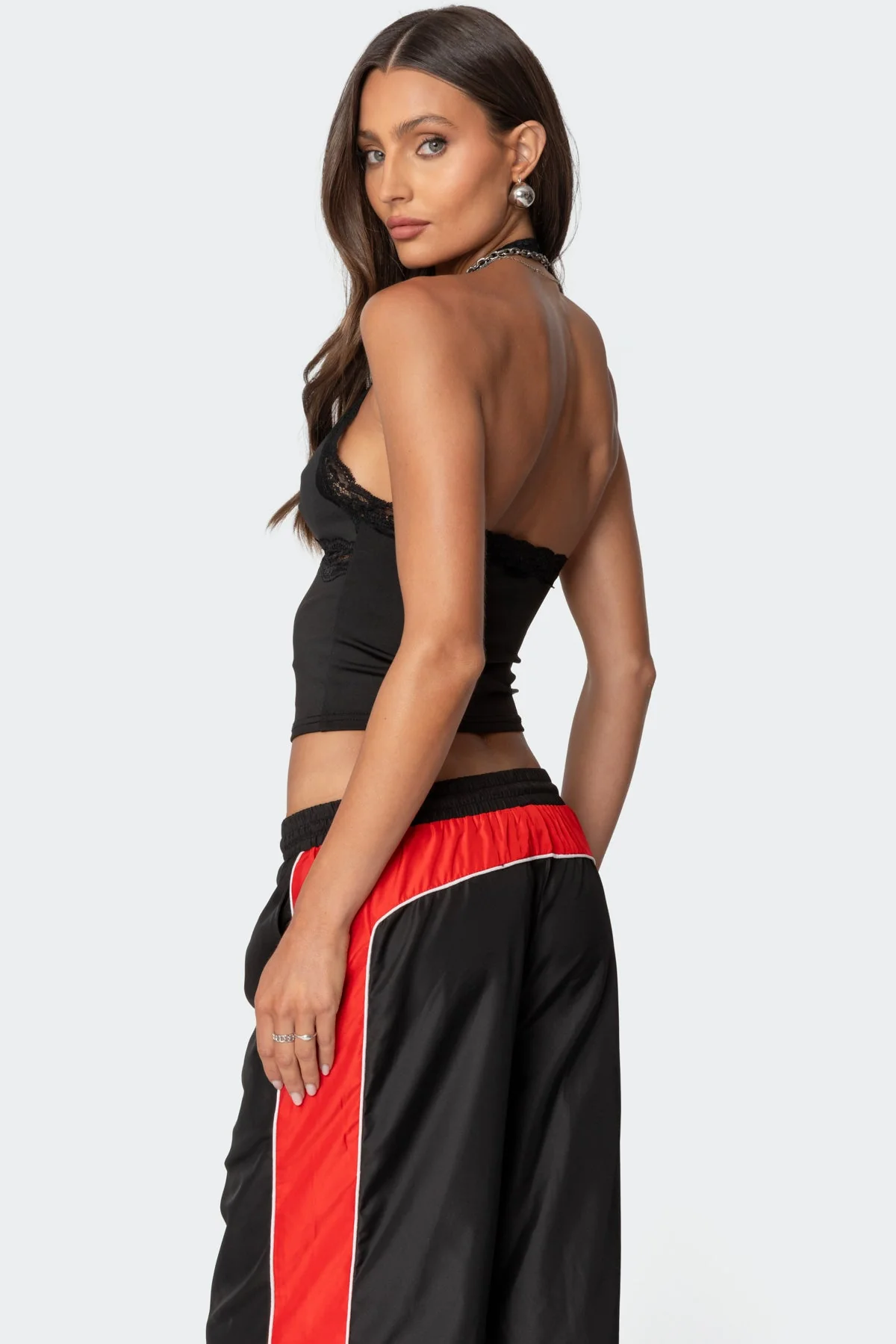 Black Lace Trim Halter Top for Women