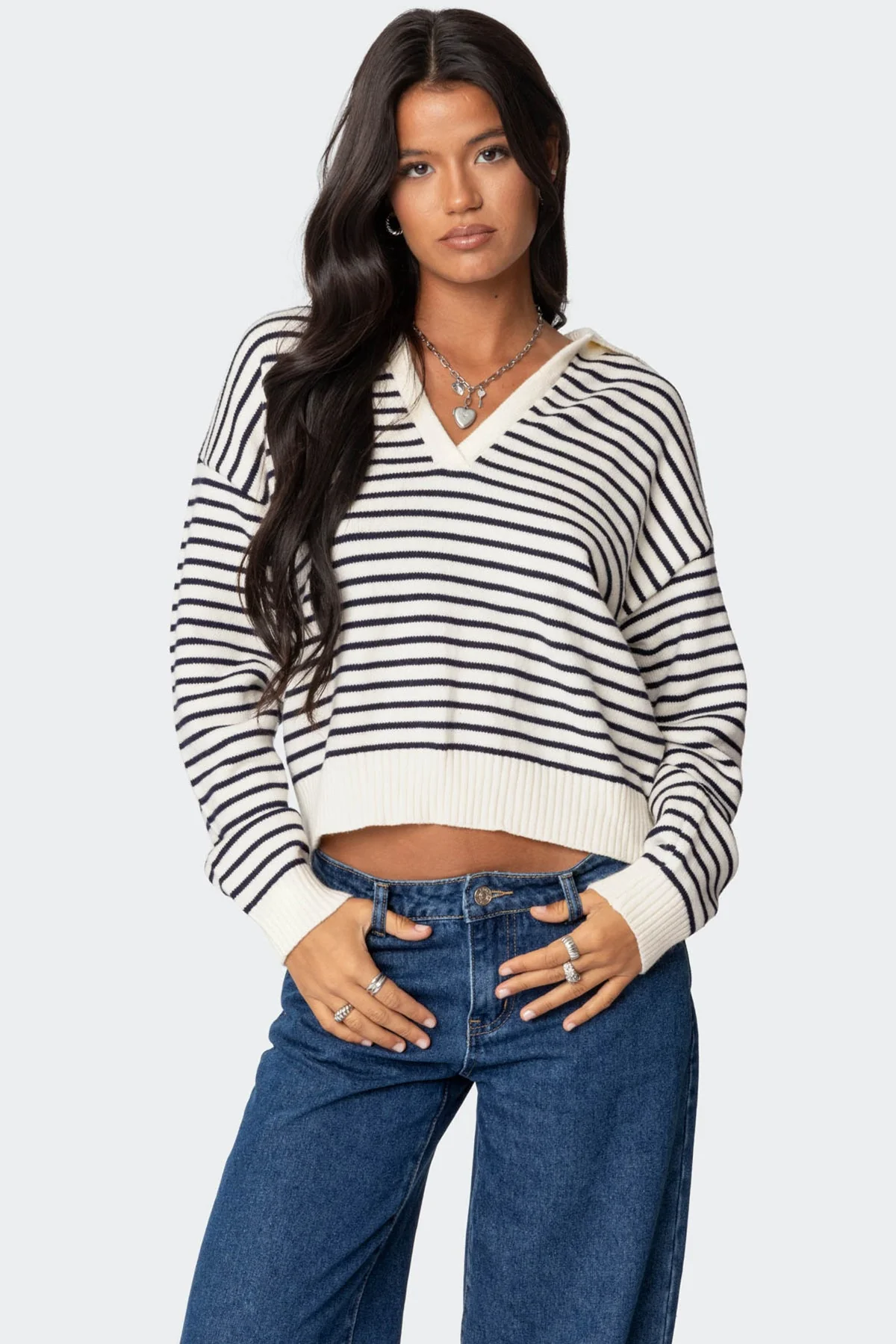 Oversized Striped Knit Sweater in Navy and Cream