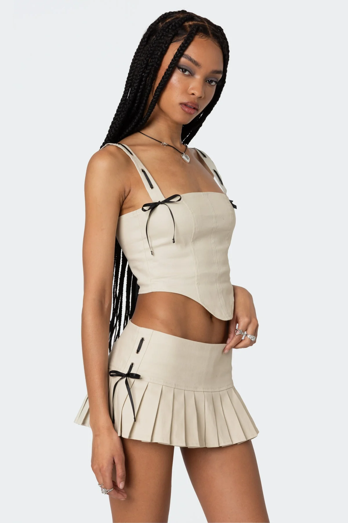 Beige Ribbon Lace-Up Corset Set