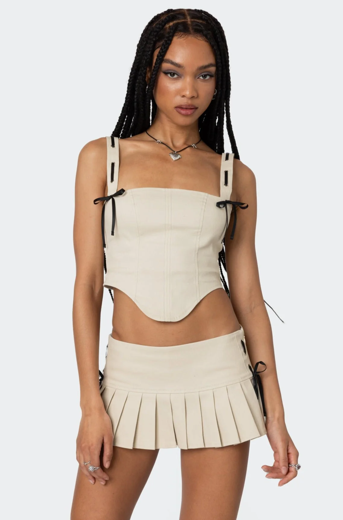 Beige Ribbon Lace-Up Corset Set