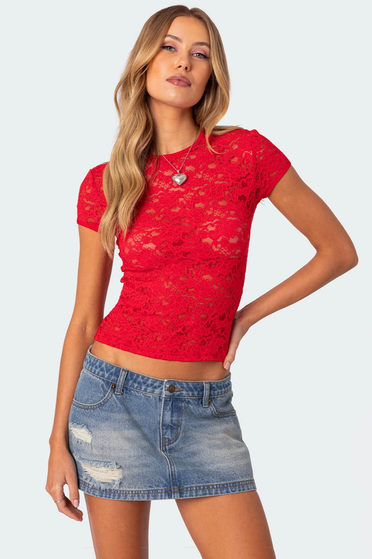 Red Sheer Lace T-Shirt - Elegant & Stylish Design