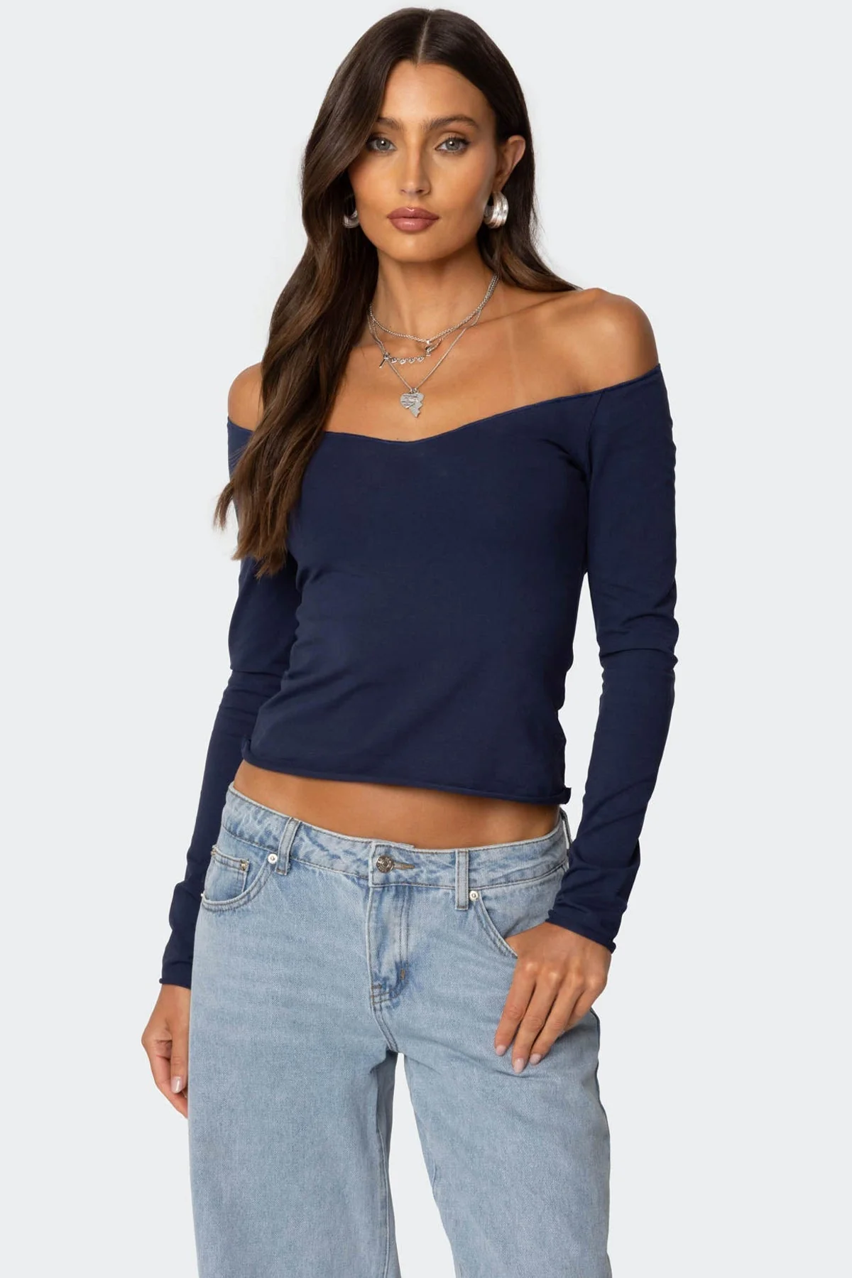 Nattie Navy Off Shoulder V-Neck Top
