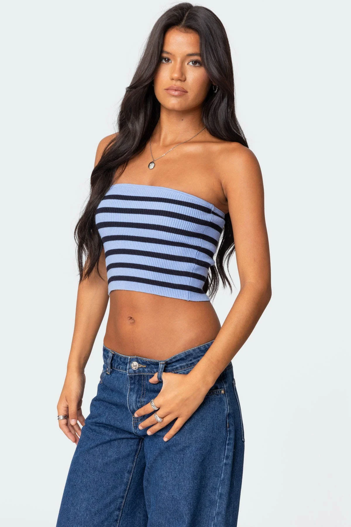 Blue Ribbed Strapless Tube Top for Women