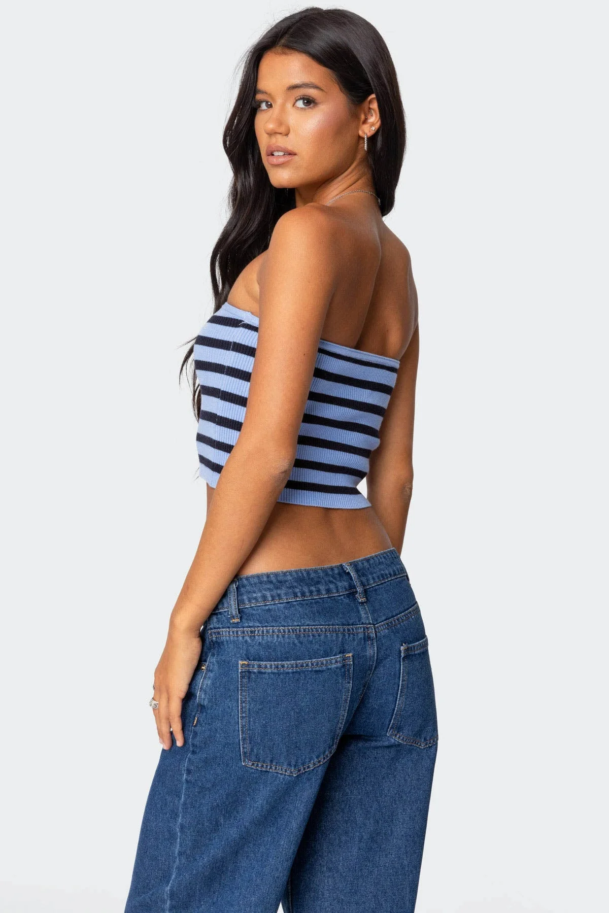 Blue Ribbed Strapless Tube Top for Women
