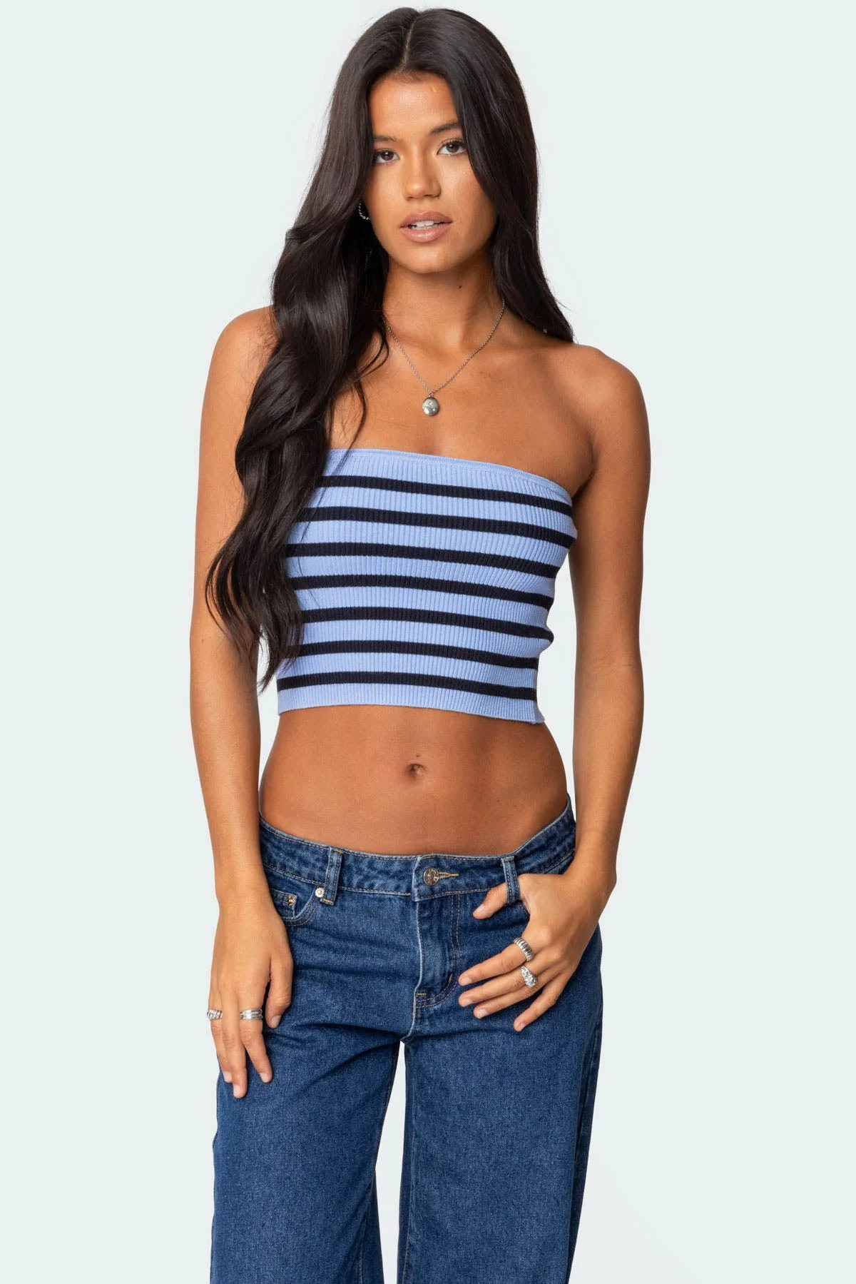 Blue Ribbed Strapless Tube Top for Women