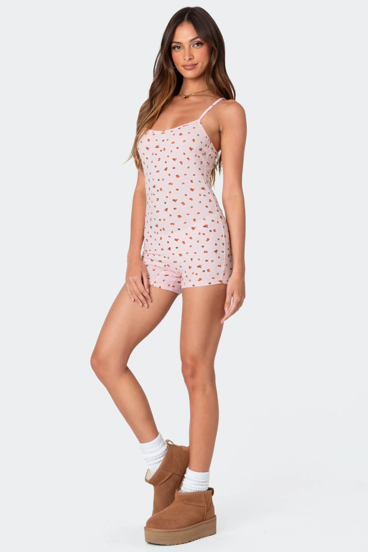 Pink Strawberry Print Jumpsuit Romper