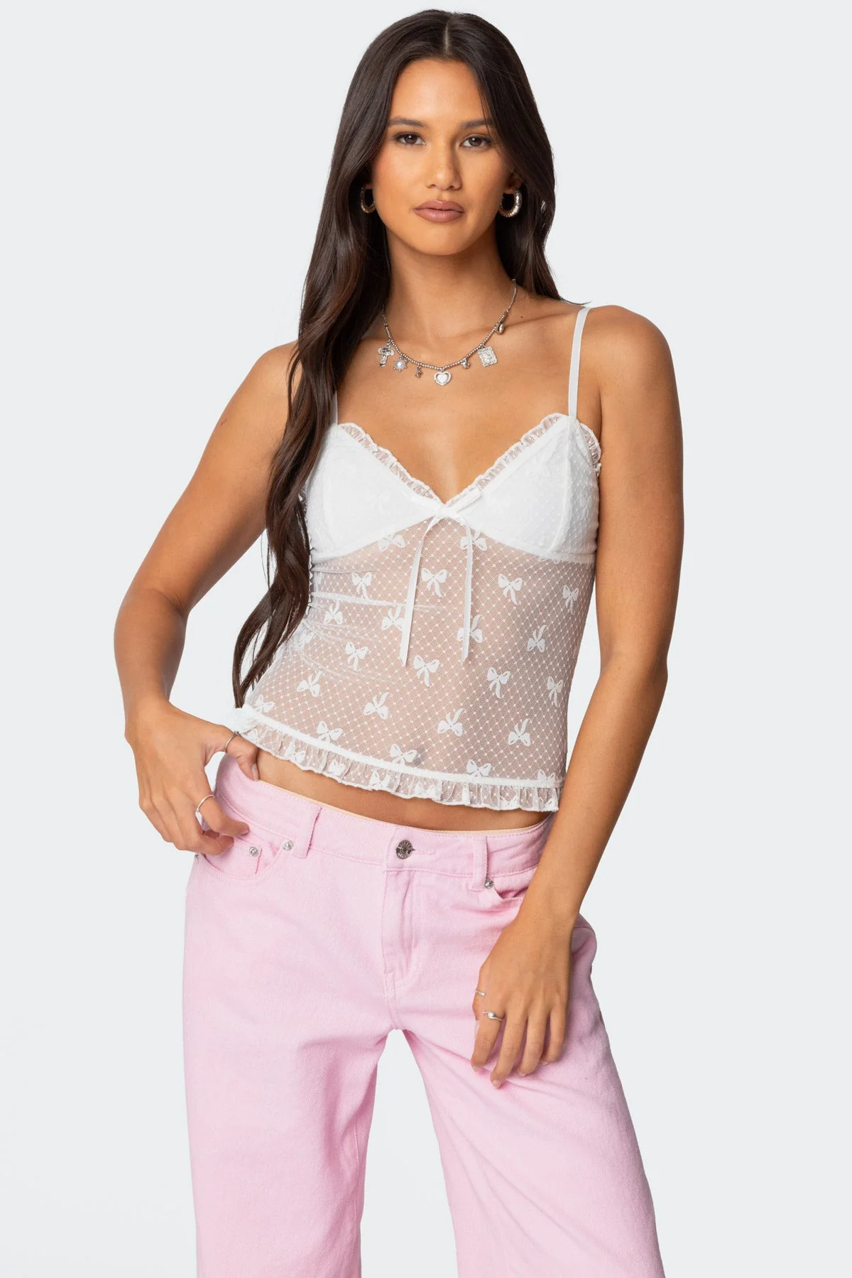 Sheer White Bow Detail Tank Top