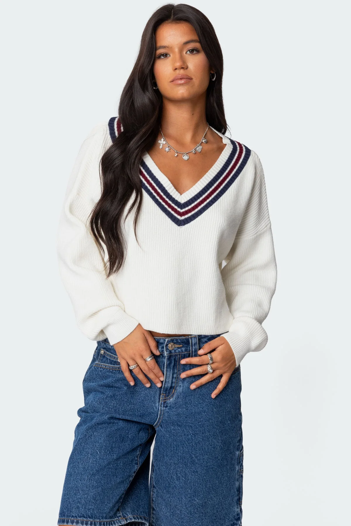 White V-Neck Knit Sweater for Women