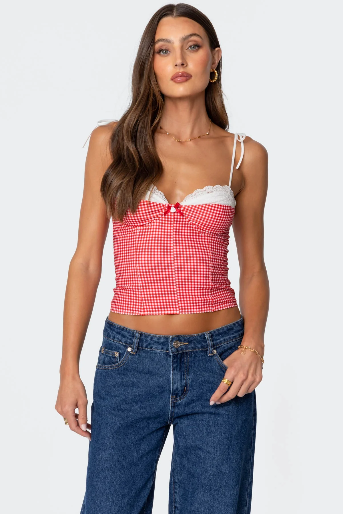 Red Gingham Corset with Lace Detail XL XS S M L