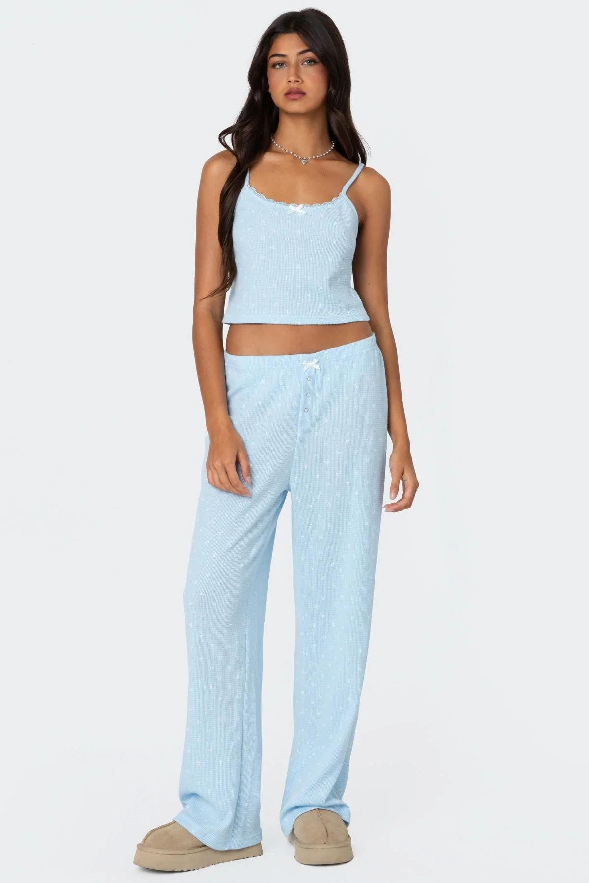 Blue Waffle Print Sleep Pants Elastic Waistband Button Fly 100% Cotton