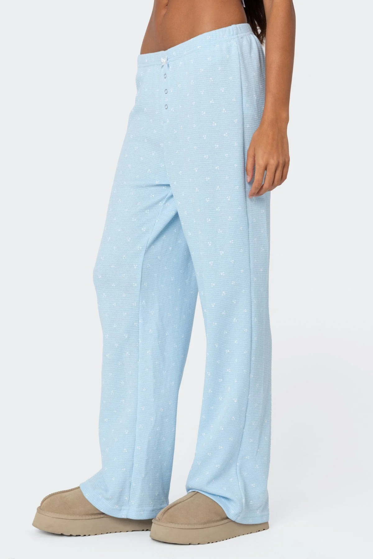 Blue Waffle Print Sleep Pants Elastic Waistband Button Fly 100% Cotton