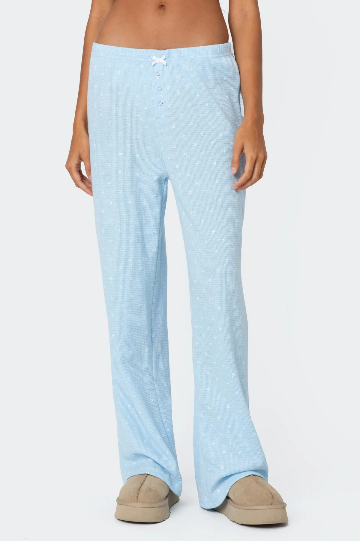 Blue Waffle Print Sleep Pants Elastic Waistband Button Fly 100% Cotton