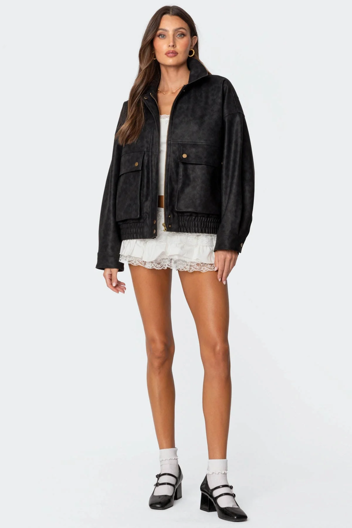 Black Cargo Faux Leather Jacket