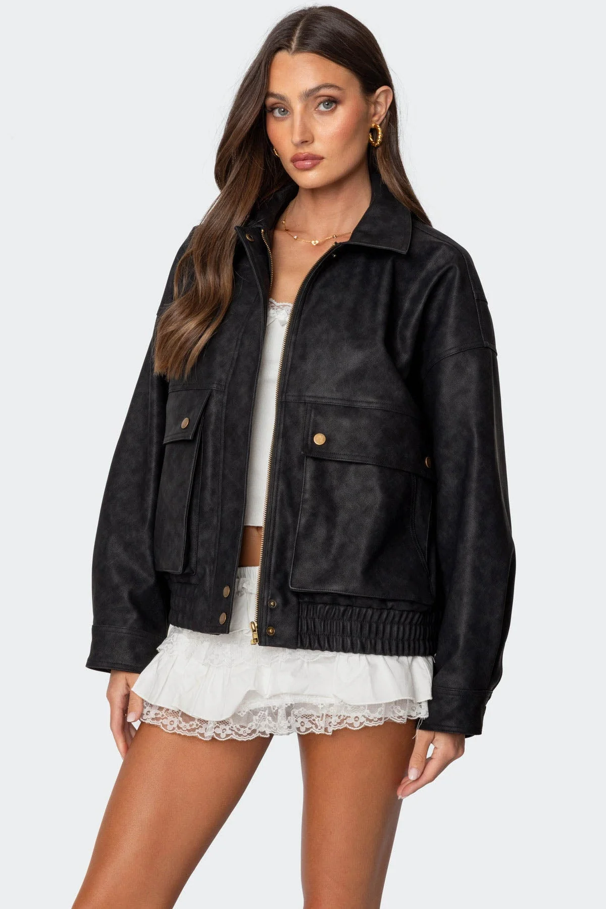 Black Cargo Faux Leather Jacket
