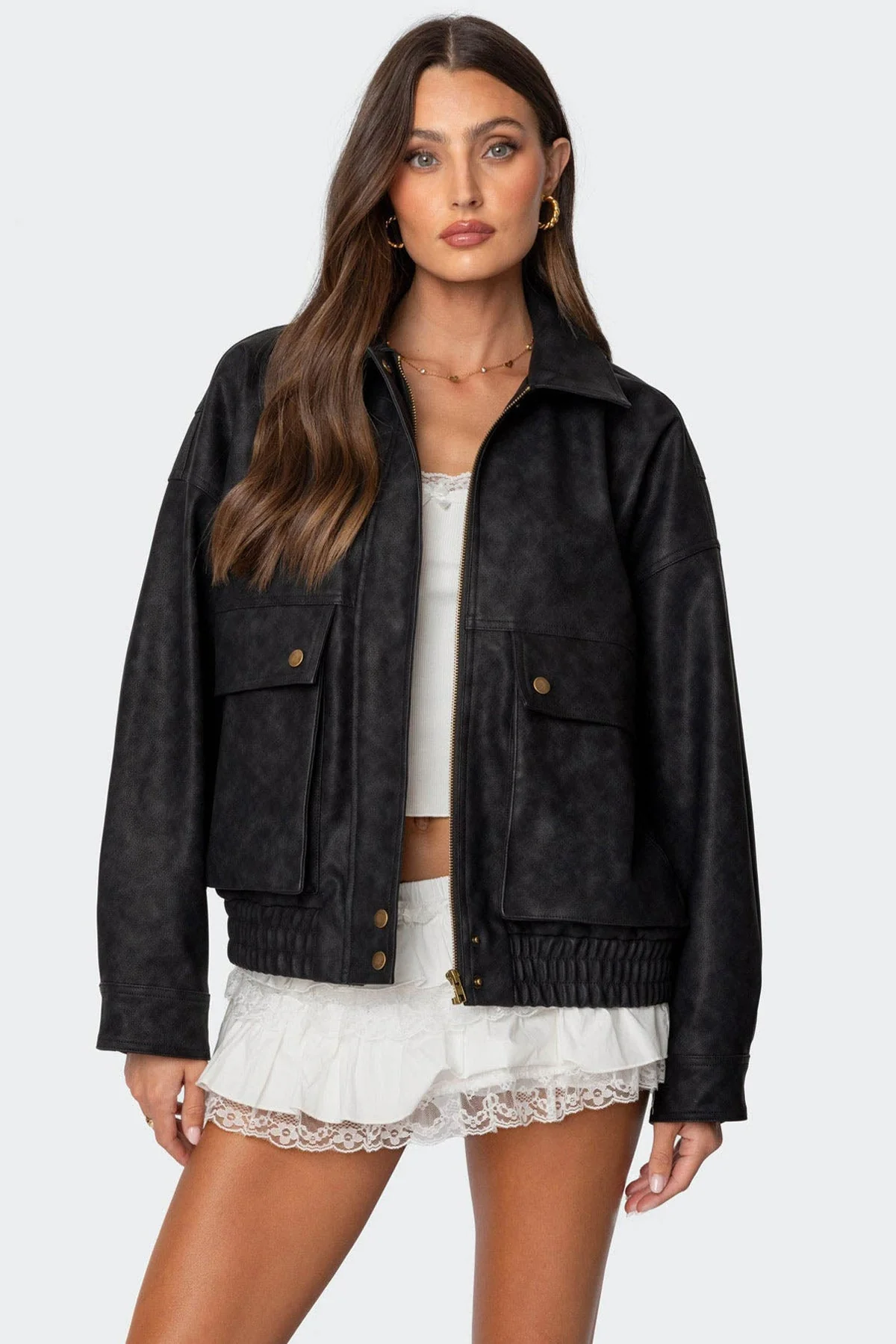 Black Cargo Faux Leather Jacket
