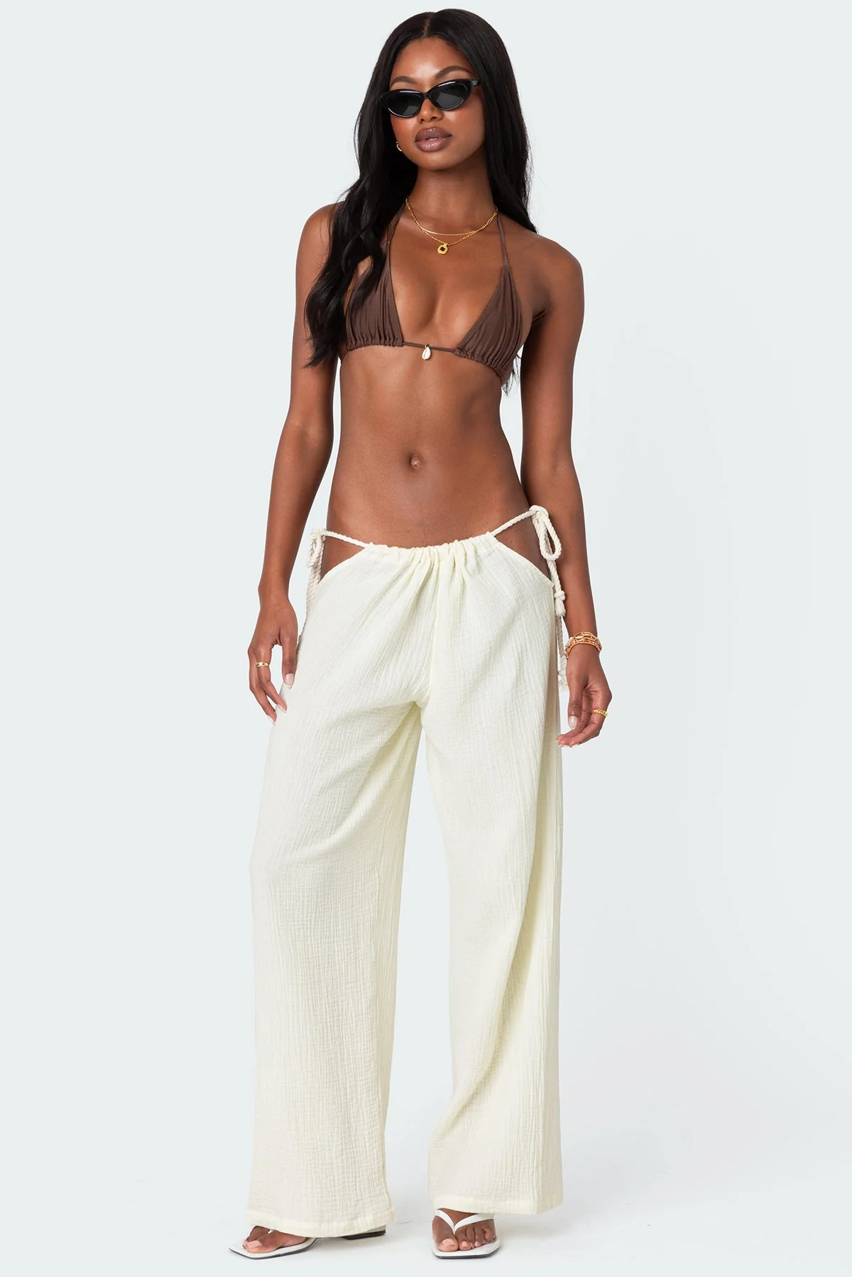 Cream Cotton Gauze Side Tie Fashion Pants