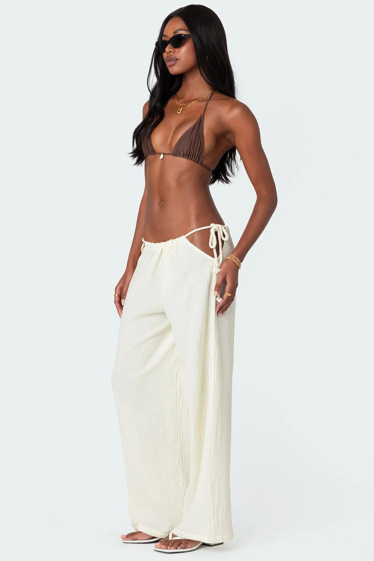 Cream Cotton Gauze Side Tie Fashion Pants