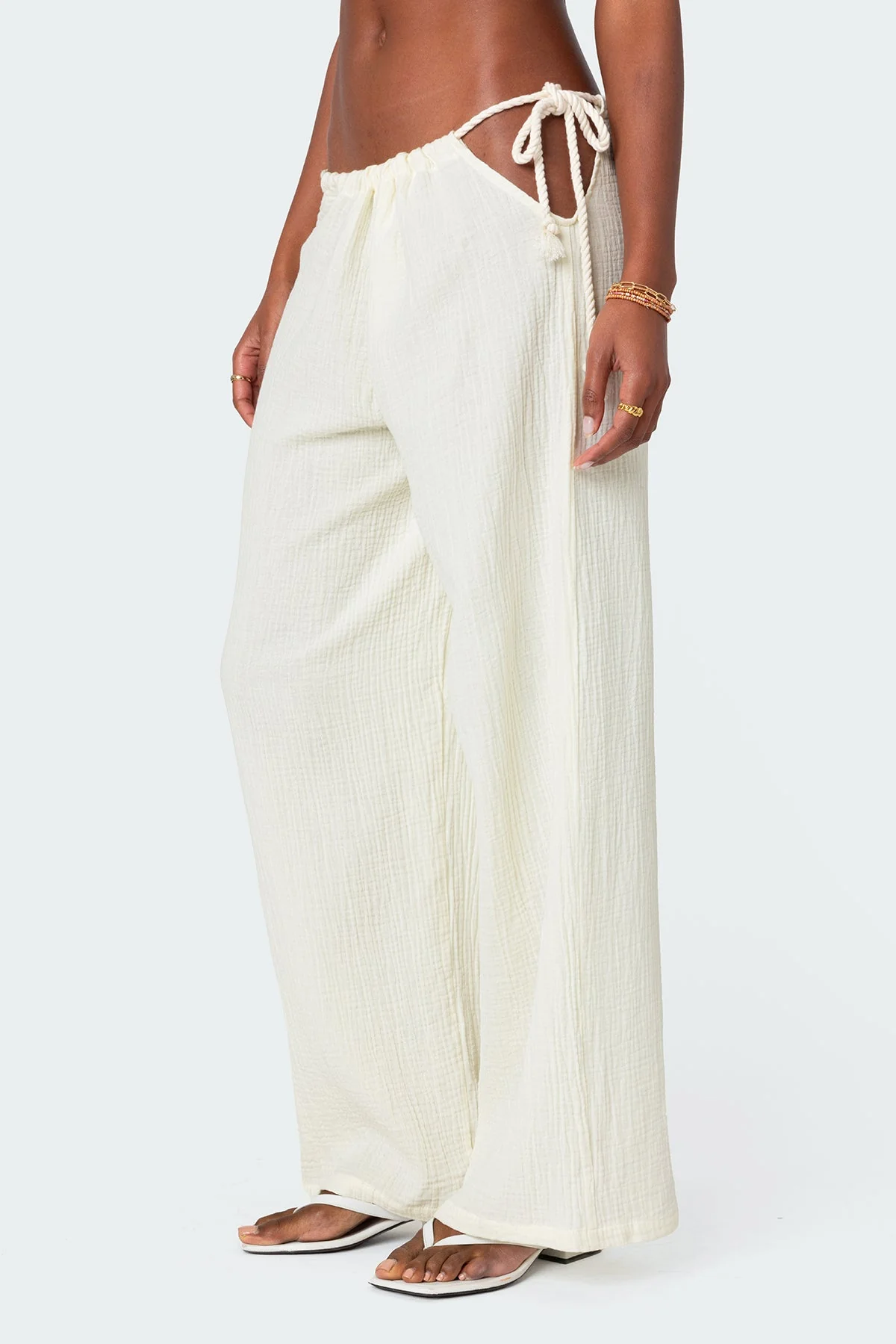 Cream Cotton Gauze Side Tie Fashion Pants