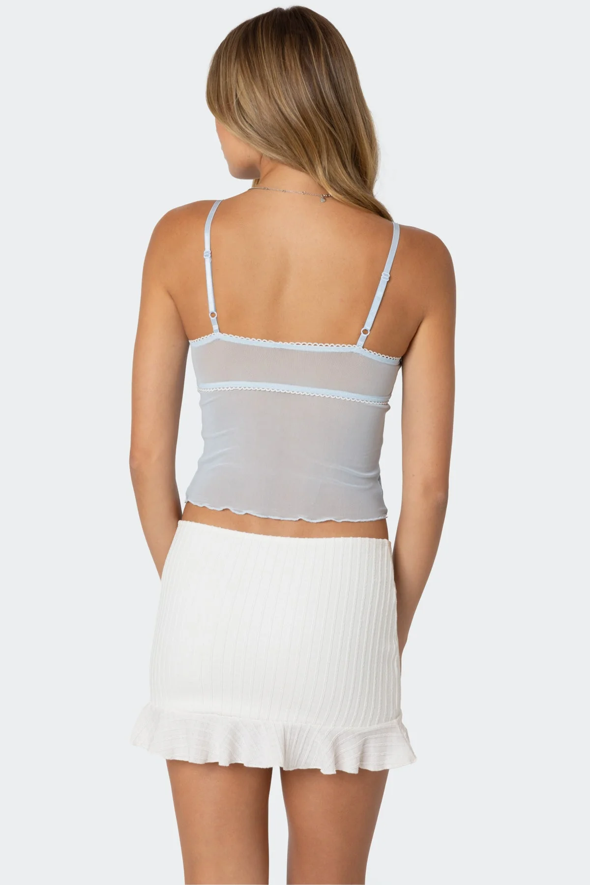 Light Blue Mesh Tank Top with Lettuce Hem and Bow Detailing