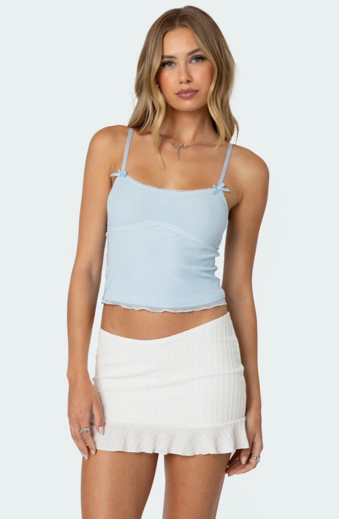 Light Blue Mesh Tank Top with Lettuce Hem and Bow Detailing