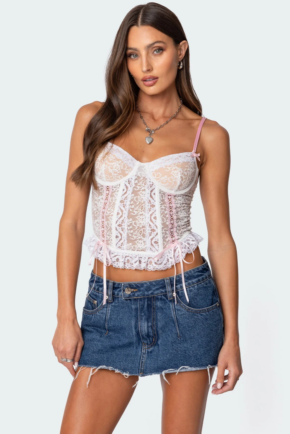 White Lace Sheer Corset Top - Elegant Bow Detailing