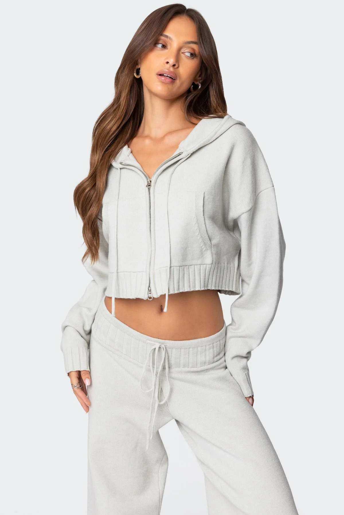 Light Gray Knit Hooded Cardigan for Women