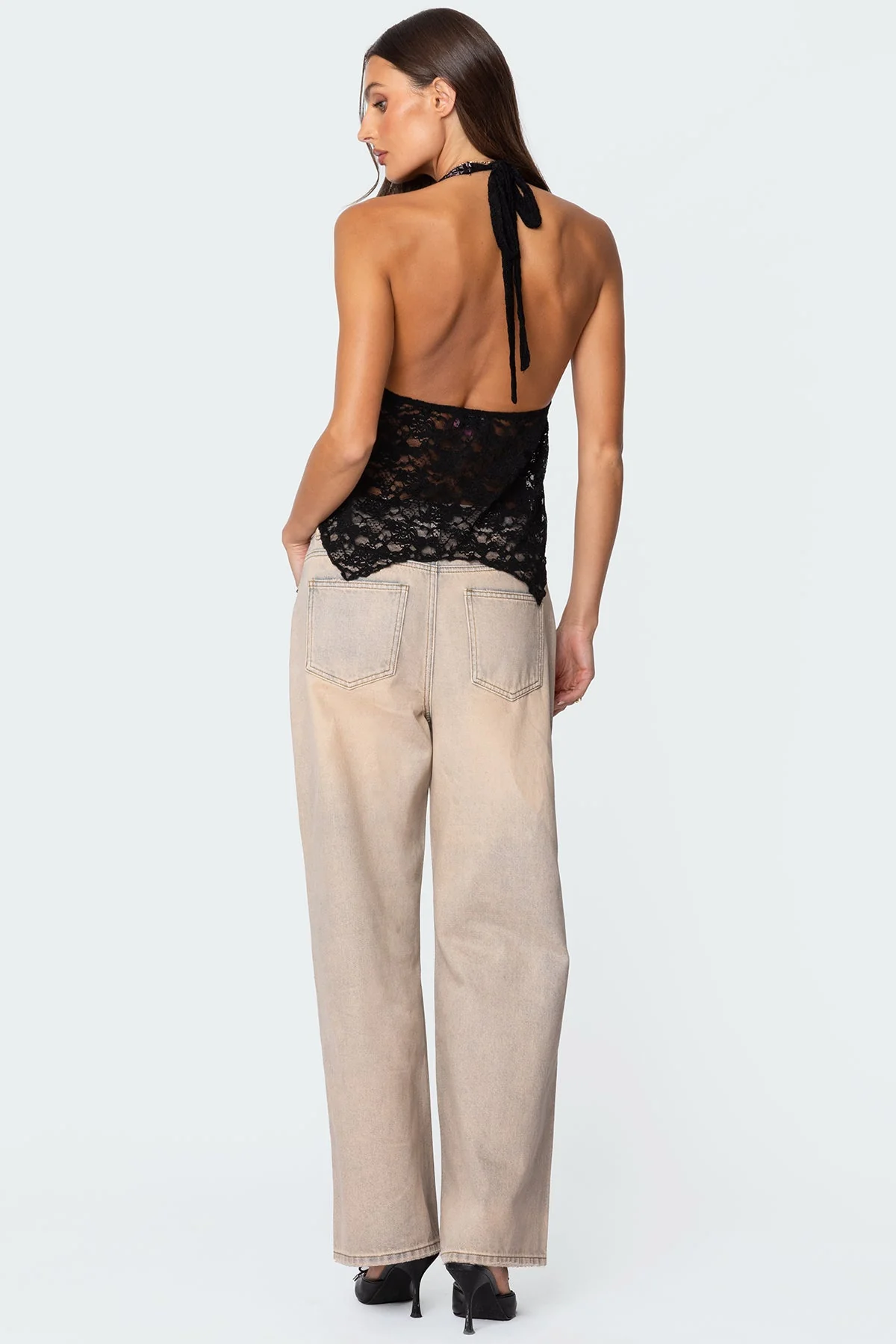 Black Sheer Lace Halter Top for Women