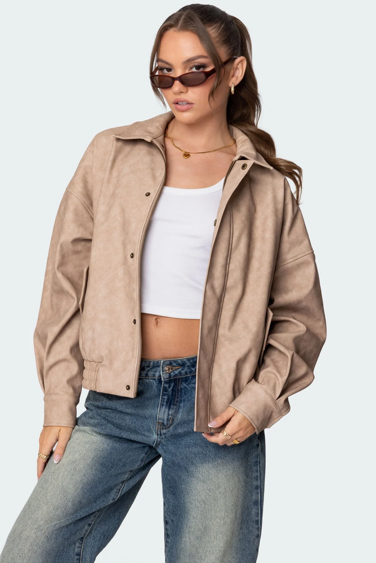 Beige Oversized Faux Leather Jacket Womens Premium Outerwear