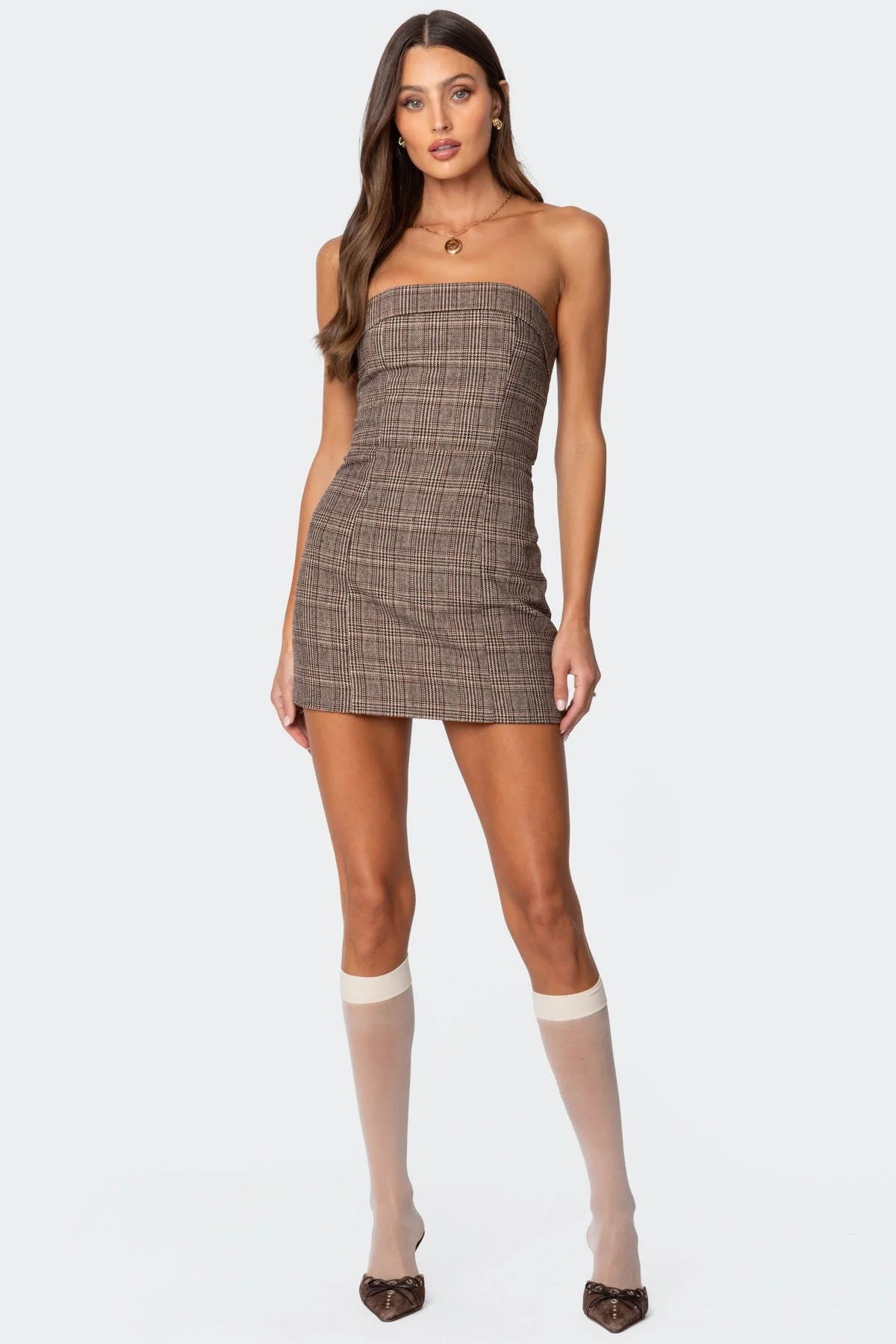 Brown Plaid Mini Dress with Lace-Up Back