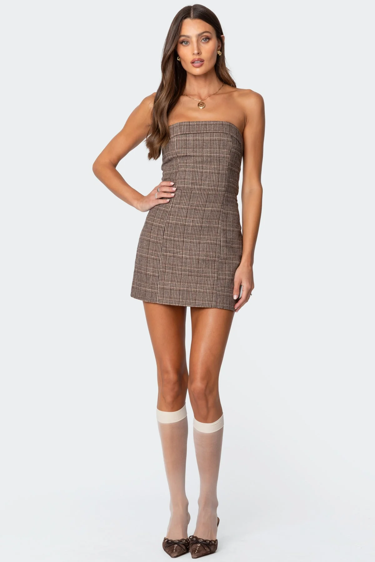 Brown Plaid Mini Dress with Lace-Up Back