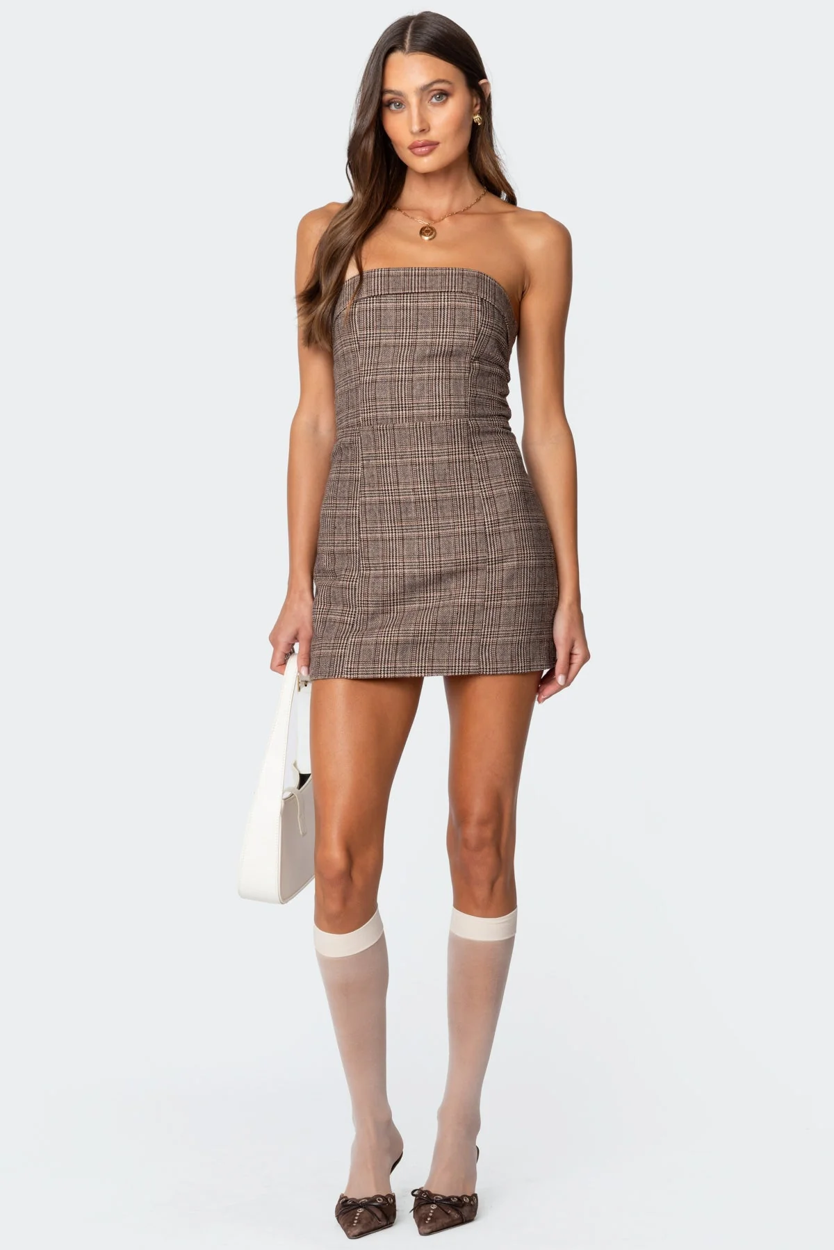 Brown Plaid Mini Dress with Lace-Up Back