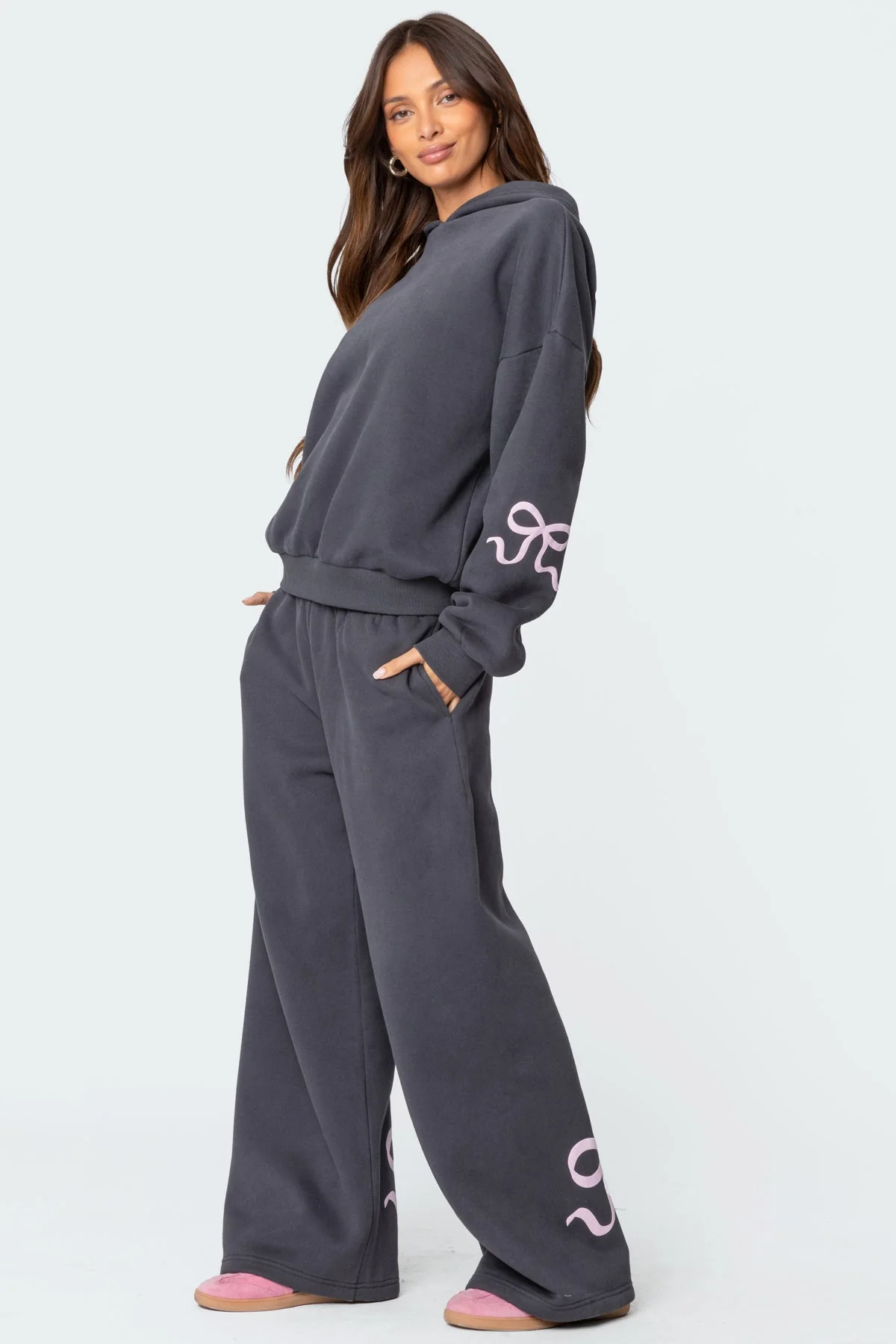 Dark Gray Bow Detail Hoodie Womens Long Sleeve Loungewear Set XS-XL