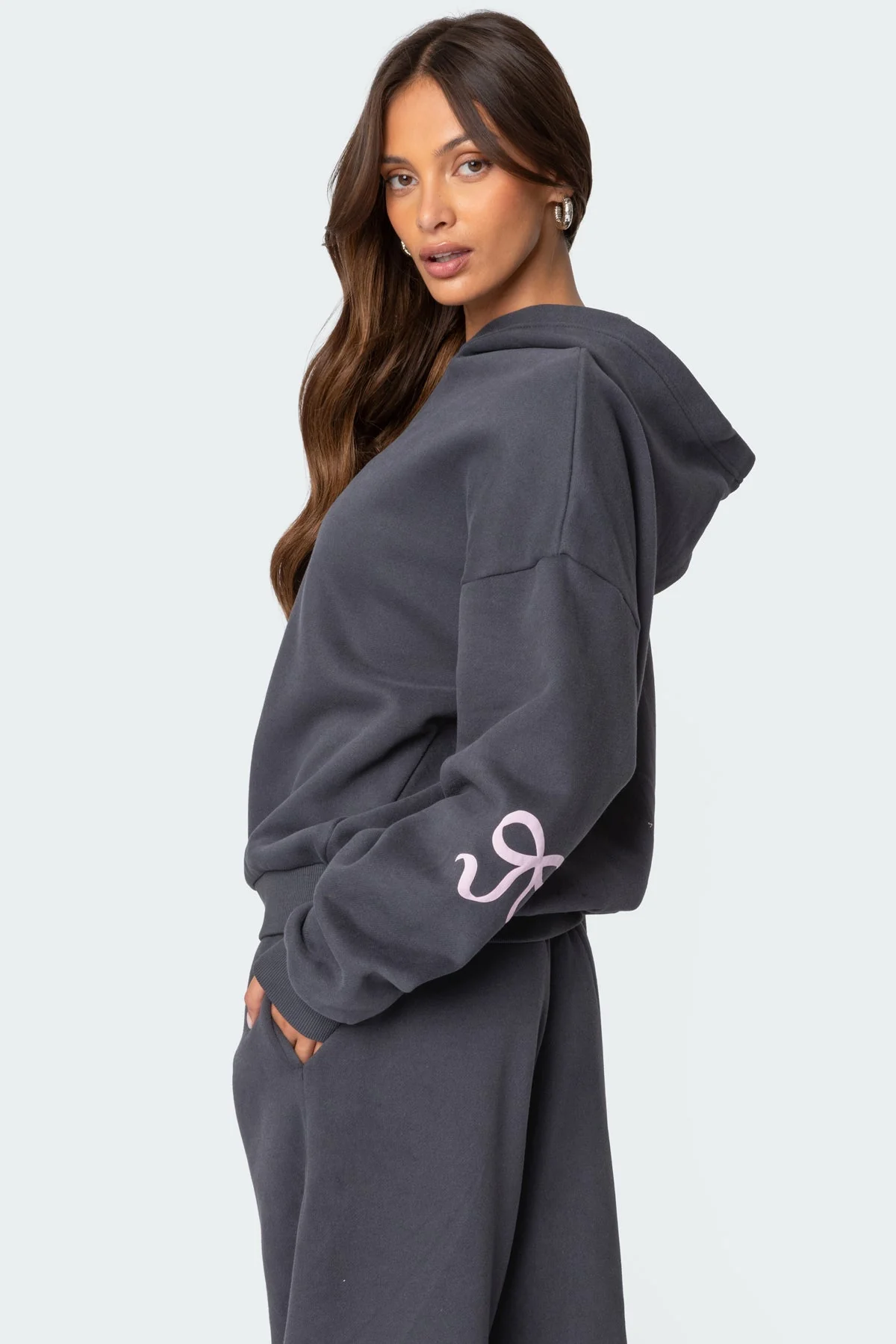 Dark Gray Bow Detail Hoodie Womens Long Sleeve Loungewear Set XS-XL