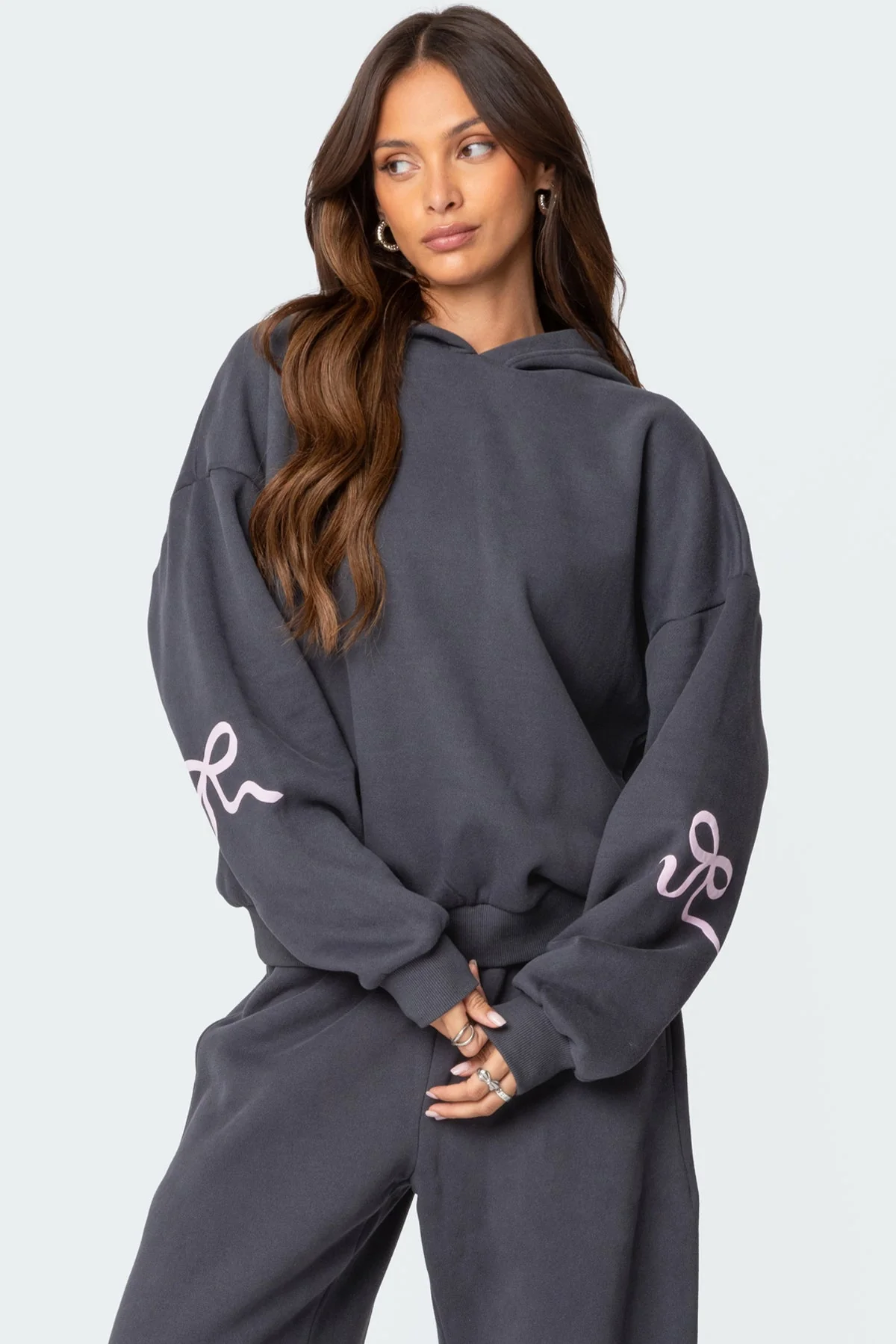 Dark Gray Bow Detail Hoodie Womens Long Sleeve Loungewear Set XS-XL