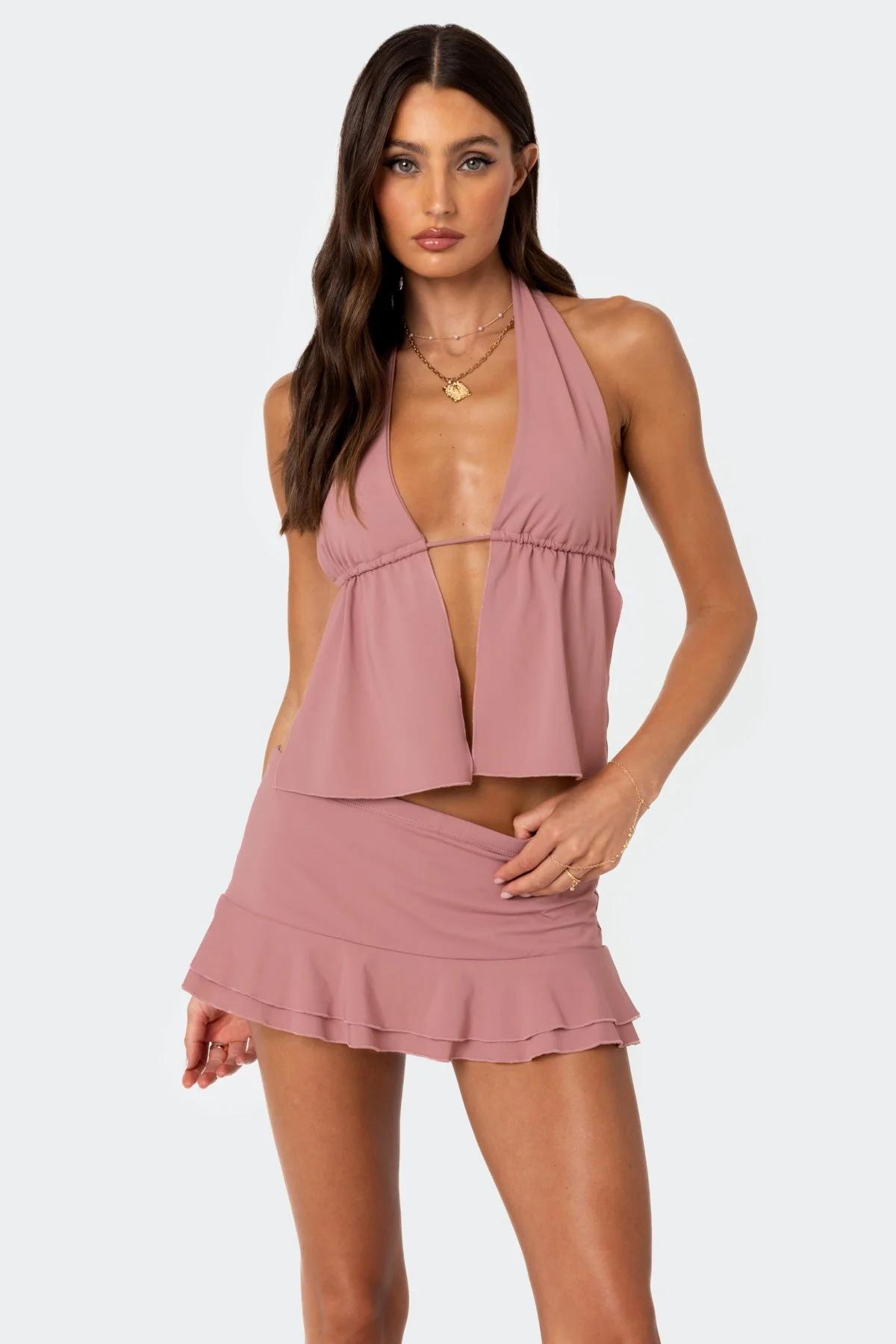 Mauve Halter Neck Open Back Crop Top