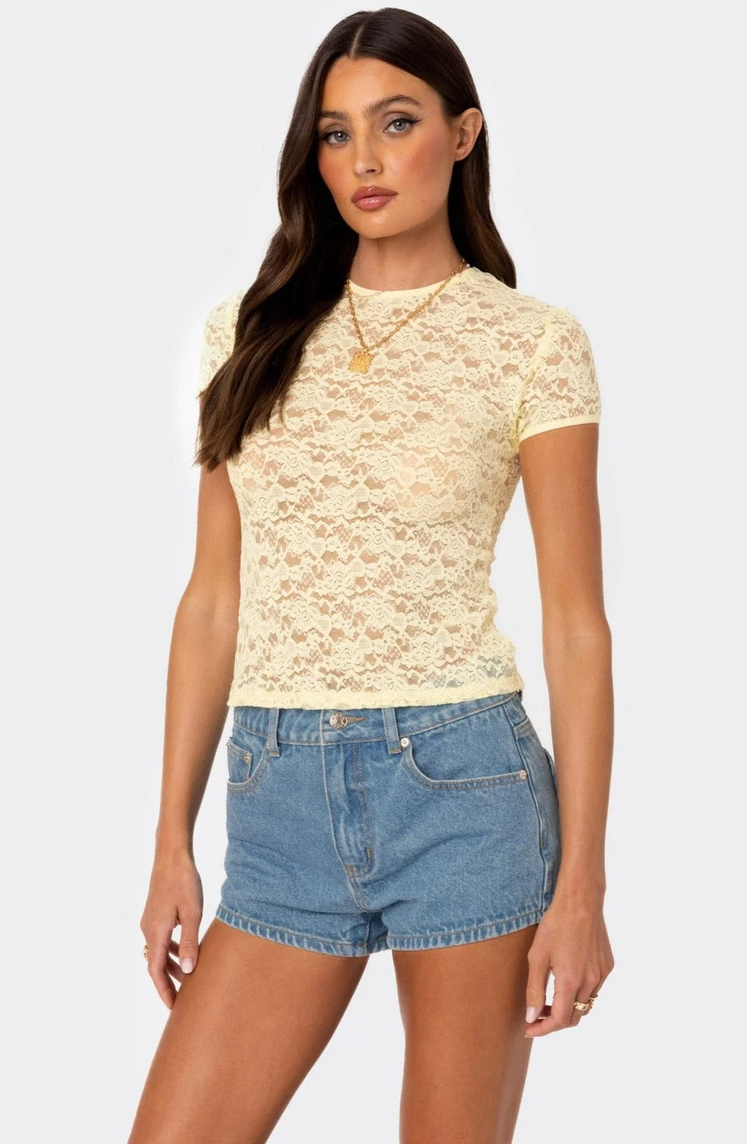 Yellow Sheer Lace T-Shirt - Elegant & Stylish Design