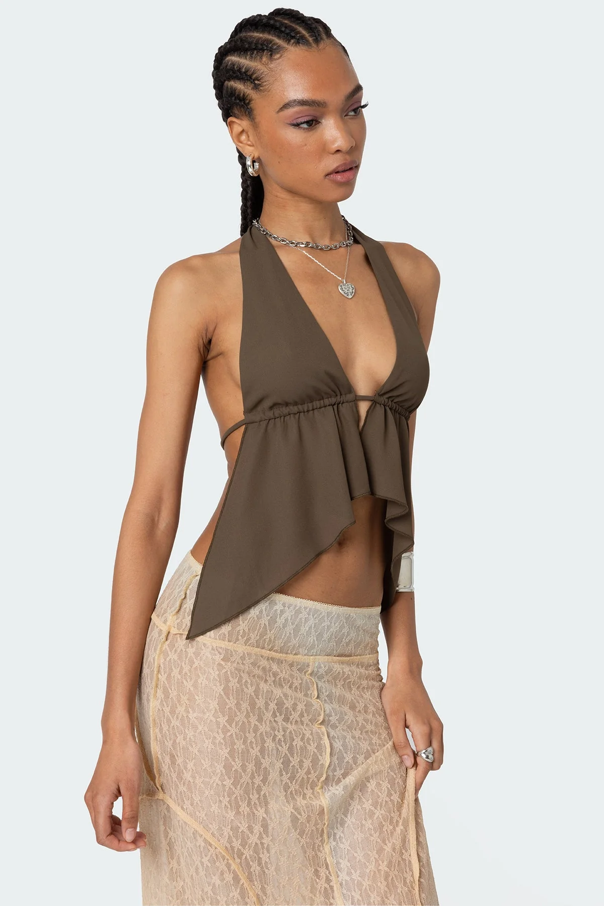 Green Chiffon Halter Neck Crop Top