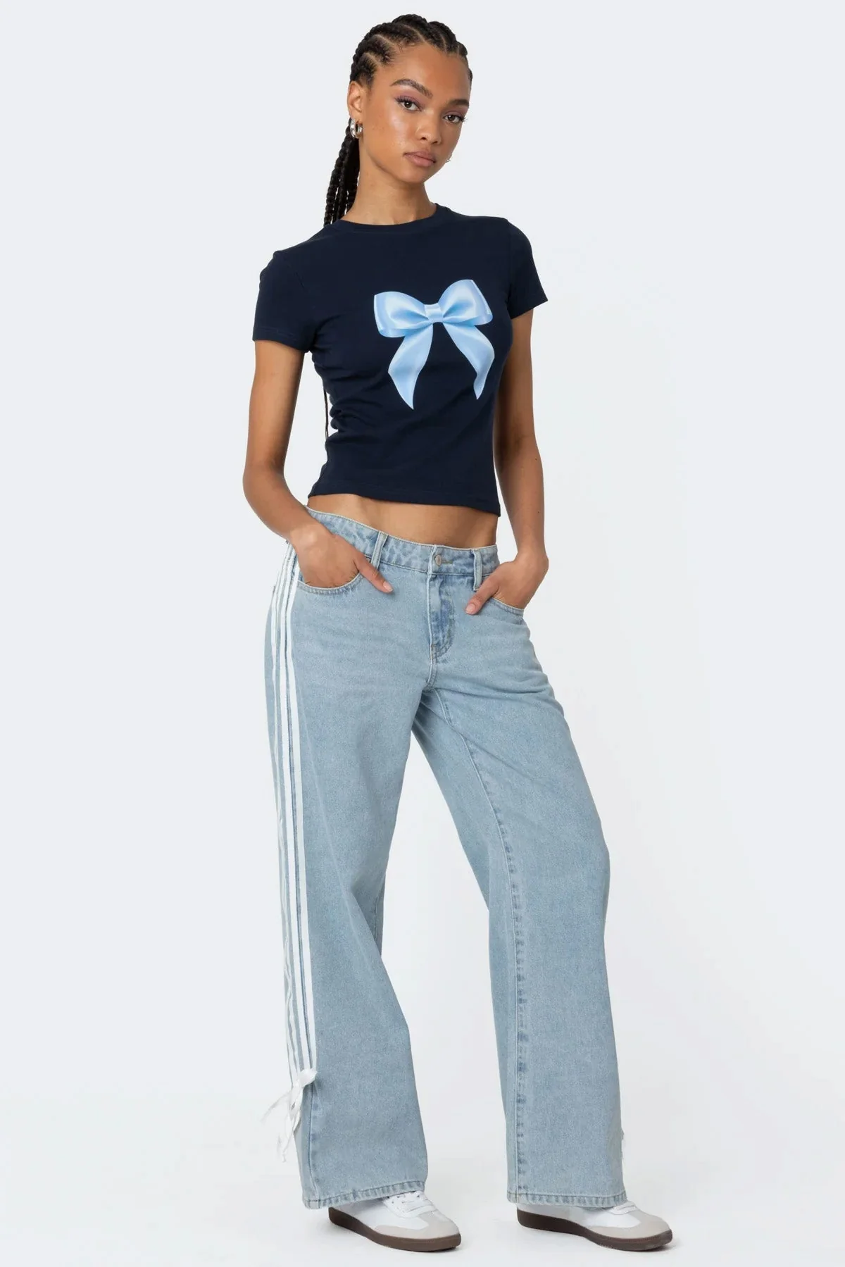 Light Blue Ribbon Detail Low Rise Jeans for Women