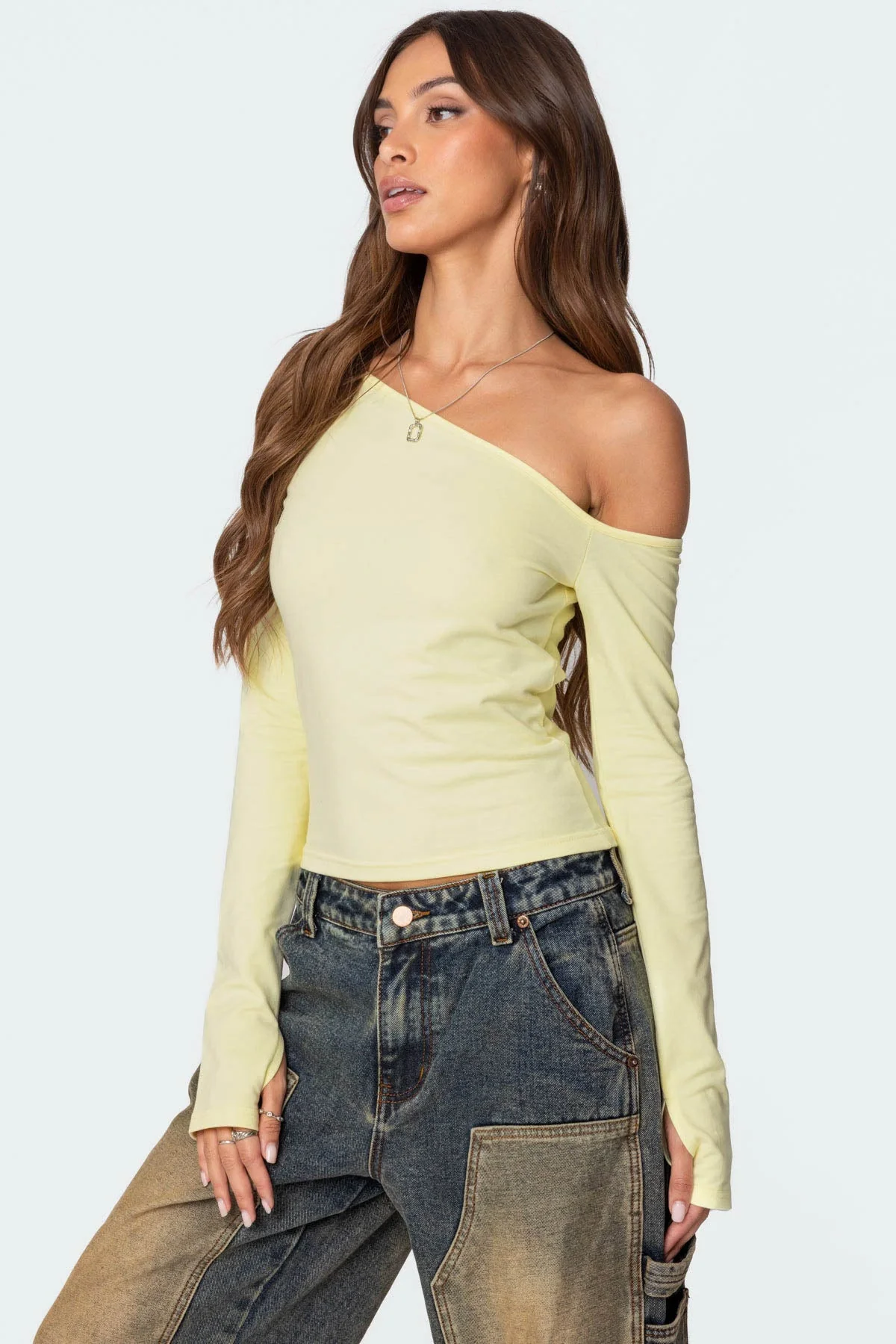 Yellow Asymmetric Cotton Spandex Top Womens Long Sleeve Blouse